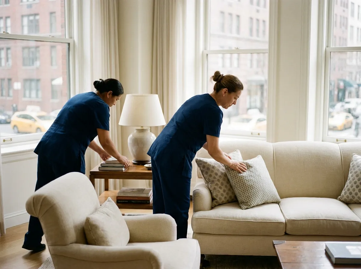Two cleaners in navy uniforms arranging pillows and tidying a side table in a bright Manhattan living room
