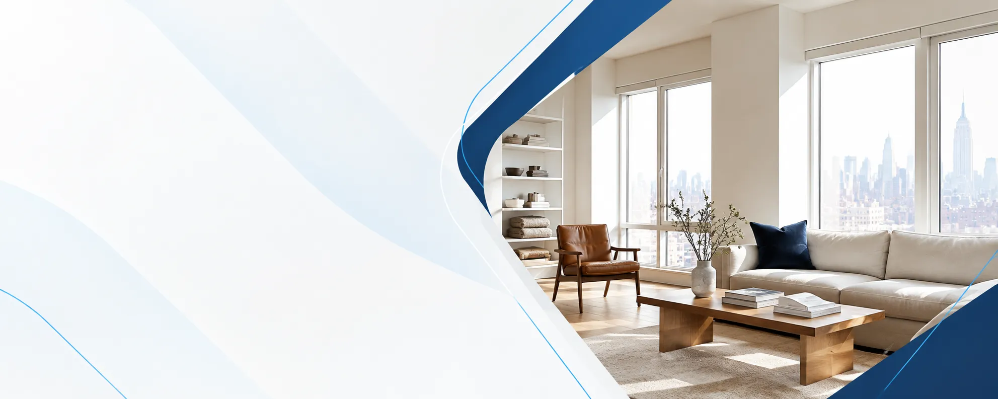 Sunlit Manhattan apartment living room with a sofa, wood coffee table and floor-to-ceiling windows facing the Midtown skyline