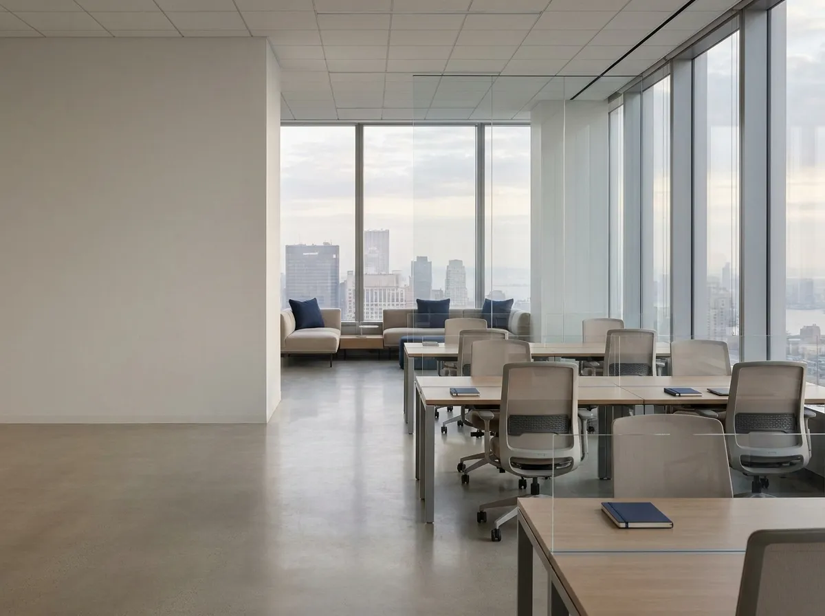 Clean open-plan office with rows of desks, ergonomic chairs and a lounge area overlooking Manhattan from a high floor