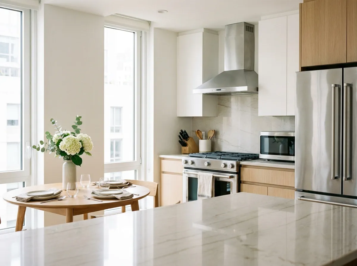Clean white kitchen with stainless steel appliances, marble counter and a small dining table by the window in a Manhattan apartment