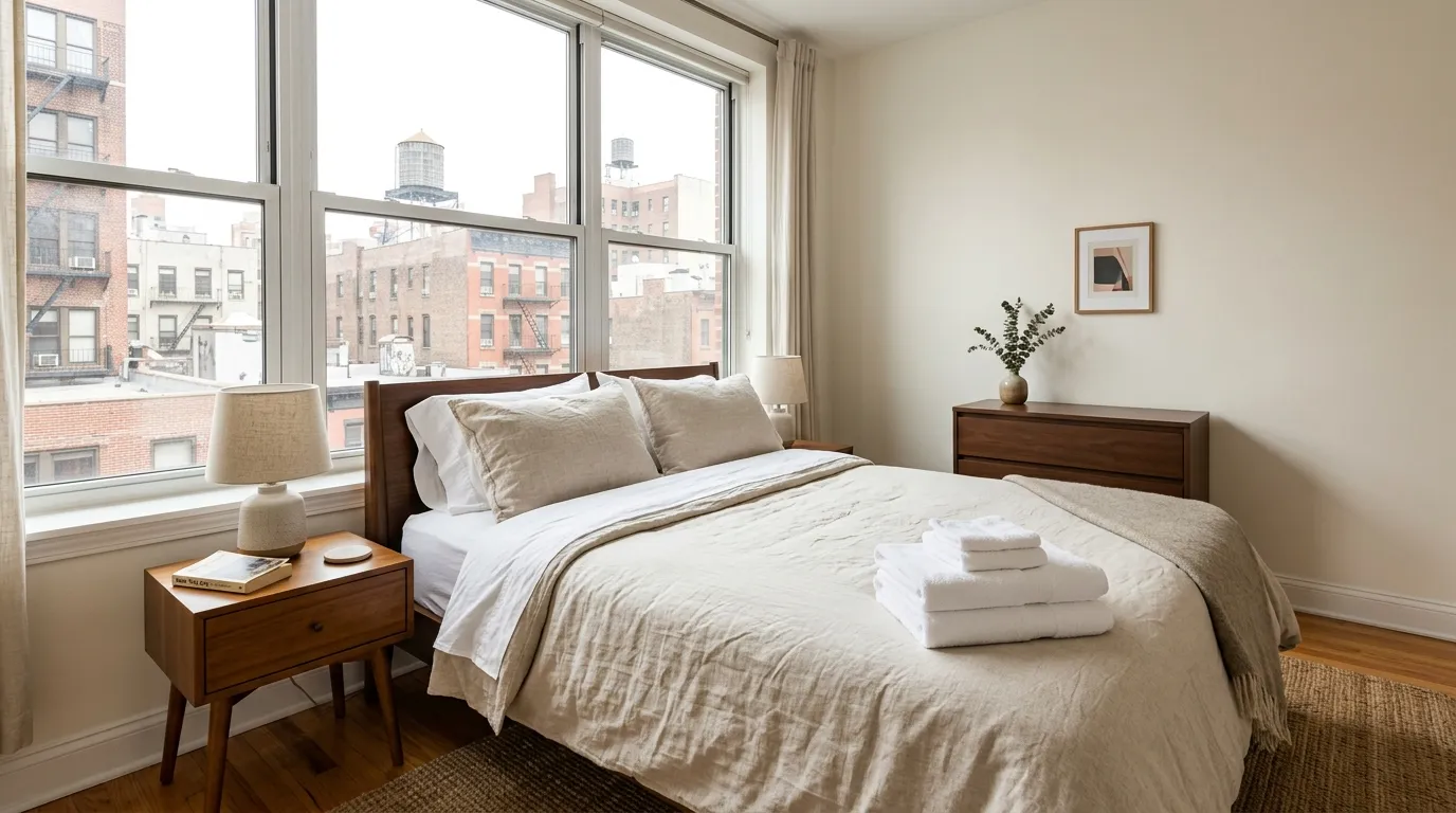 Freshly made bed with neutral linens and a stack of folded white towels in a bright Manhattan apartment bedroom
